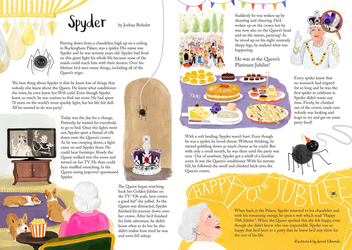 RoyalMintMuseum's tweet photo. 🎉We have a winner!🎉

Congratulations to 10-year-old Joshua Boholst for his winning story ‘Spyder’. Expand the image to read the story in full, with beautiful illustrations by @SarahEdmondsArt, or find it on our website:

https://t.co/nytVmNYre1

#Competition #PlatinumJubilee https://t.co/KM0sm4AAWk