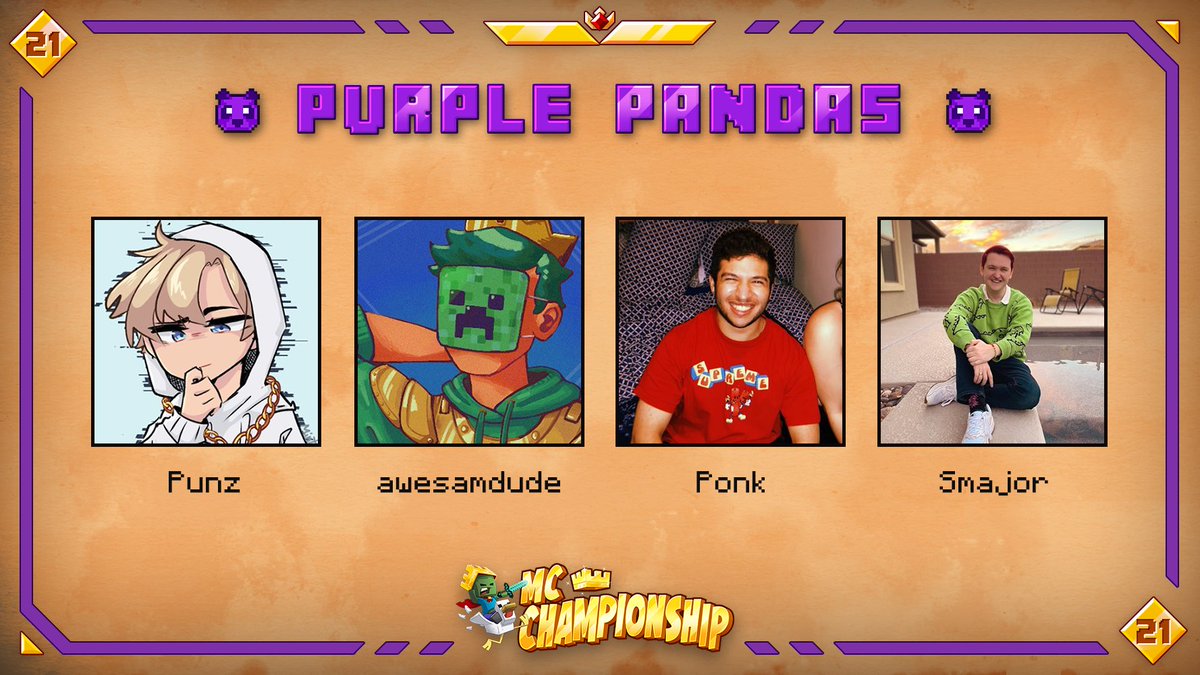 MCChampionship_'s tweet photo. Announcing team Purple Pandas 👑

@Punztw @theawesamdude @DropsByPonk @Smajor1995

Watch them in MCC on Saturday April 30th at 8pm BST! https://t.co/5e5ORBpt7k