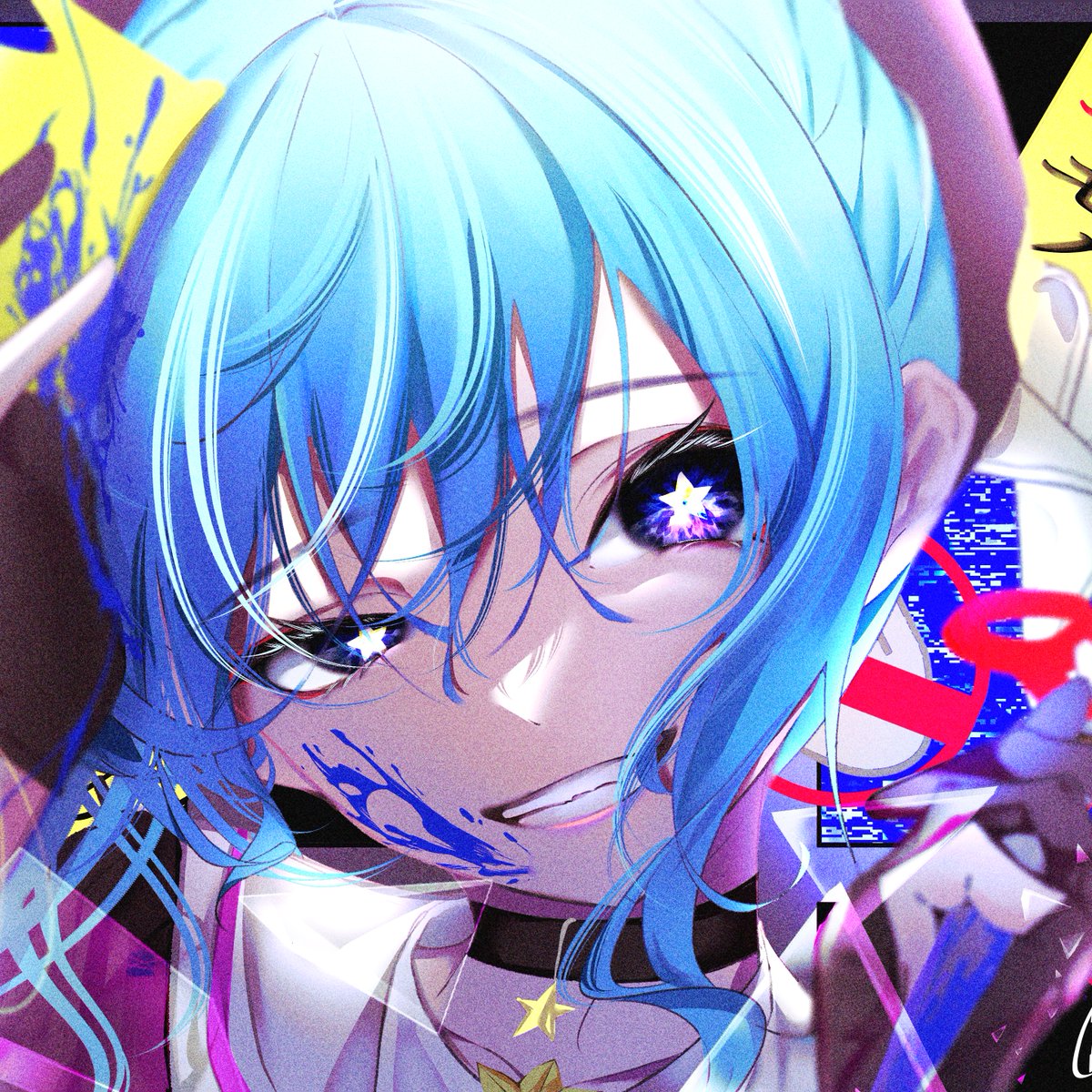 hoshimachi suisei 1girl solo blue hair blue eyes choker star (symbol) gloves  illustration images