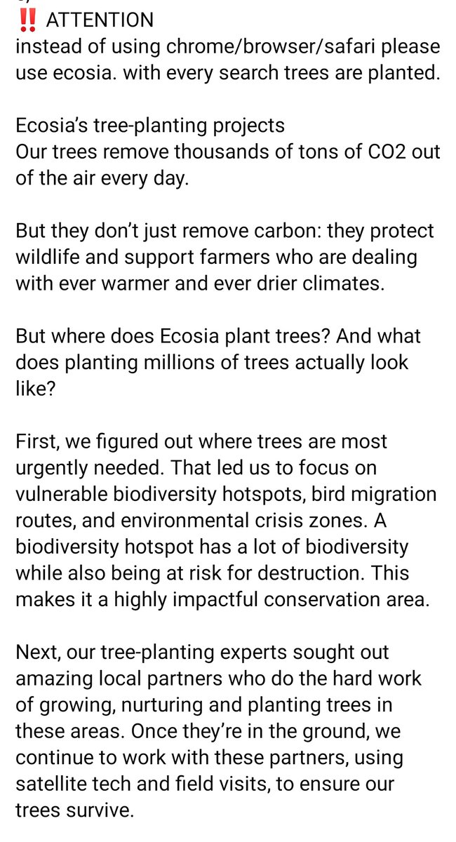 shouyourworld's tweet photo. I would like to share a new  information I found about an app that aims to help the environment by planting trees, it's called Ecosia. You can use this app instead of chrome or Safari! (Photo used are not mine except the 1st pic)

#ClimateCrisis  #ClimateAction #scientistprotest https://t.co/HuYHCbtEMn