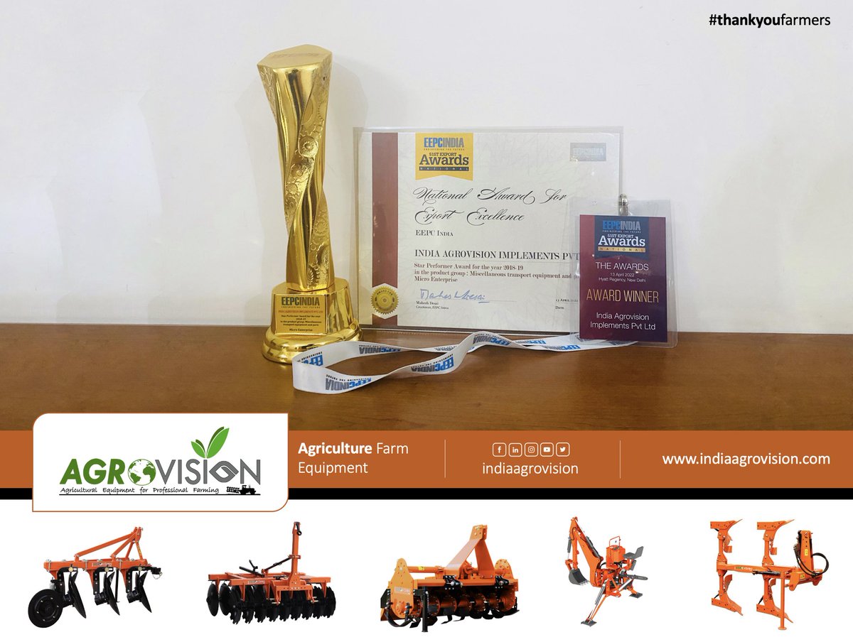 indiaagrovision's tweet photo. We are honored to receive the EEPC INDIA National Award for Export Excellence!
Kudos to team #AgrovisionFarmEquipment

#Export #AgricultureFarmMechanisation #EEPCIndia #NationalAward #Engineering #AtmaNirbharBharat #ministryofcommerce #piyushgoyal #pmoindia https://t.co/dlS3jVzfc4