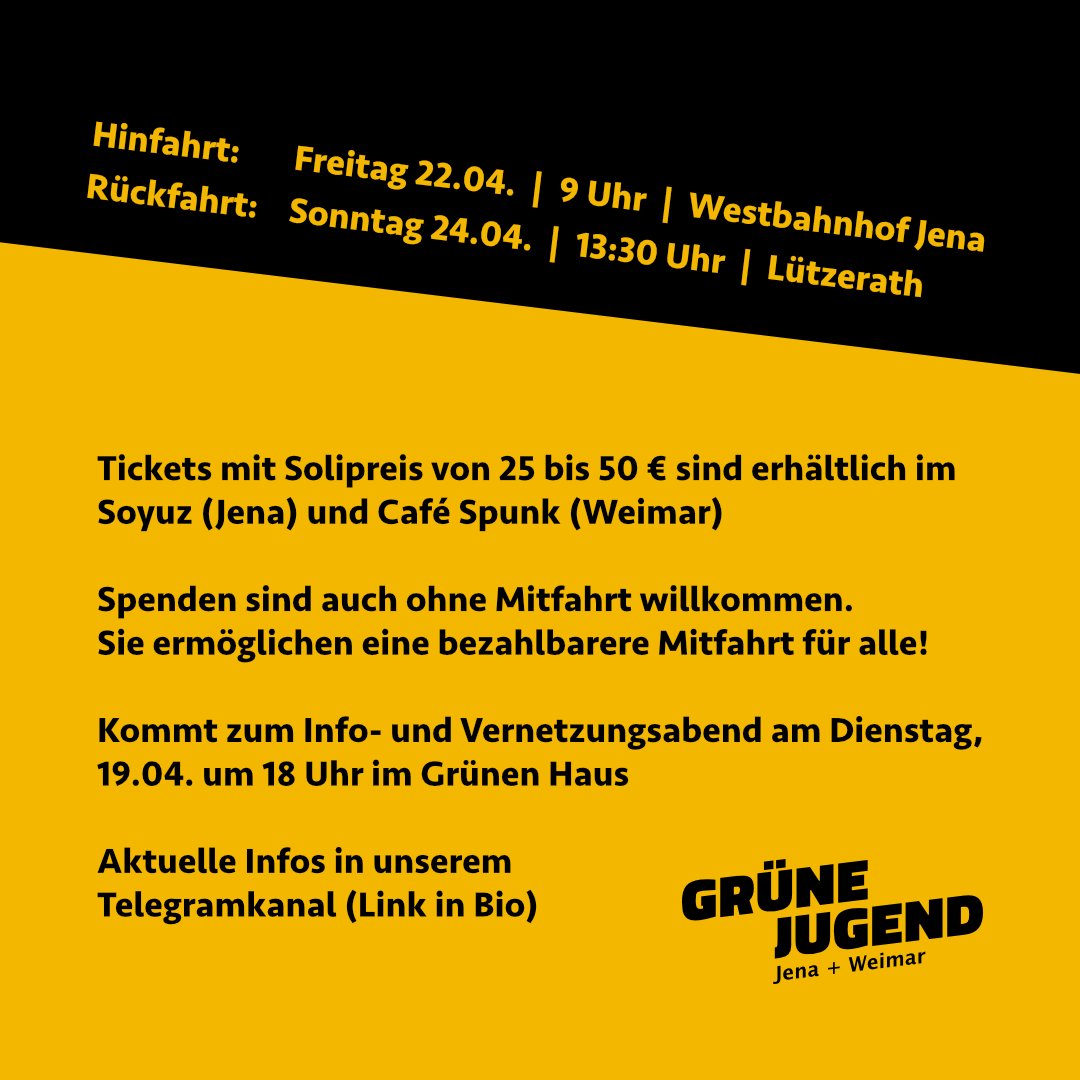 1,5 Grad verteidigen - Von #Jena nach 
@LuetziBleibt
 
Wir organisieren eine Busanreise vom 22.04.-24.04. und du kannst mit dabei sein 🔥 Tickets gibts im Soyuz (Jena) und Café Spuk (Weimar). 

Wir werden dafür sorgen, dass die Braunkohle im Boden bleibt!