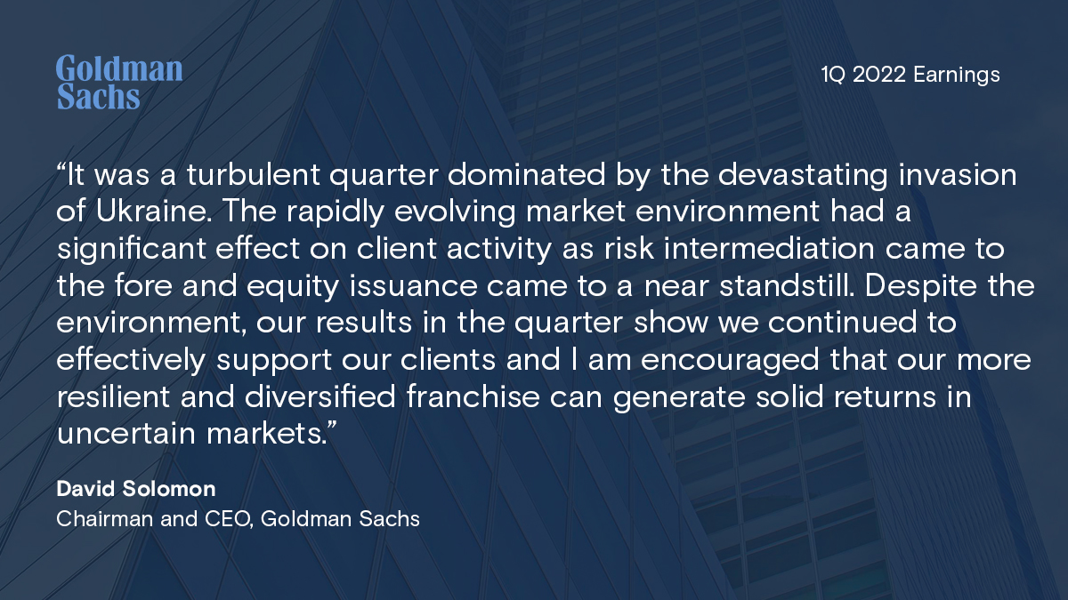 GoldmanSachs's tweet photo. Our Chairman and CEO David Solomon comments on $GS' 1Q 2022 earnings results. Learn more and view our results: https://t.co/hzTPX8hglX https://t.co/5bhTBuyN8H