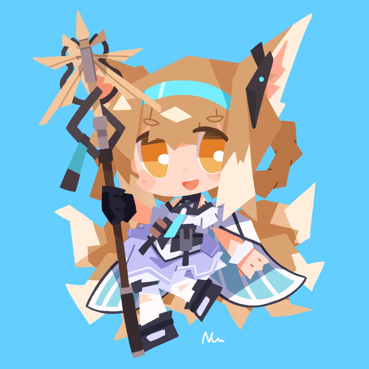 suzuran (arknights) 1girl solo chibi animal ears blue background gloves fox ears  illustration images
