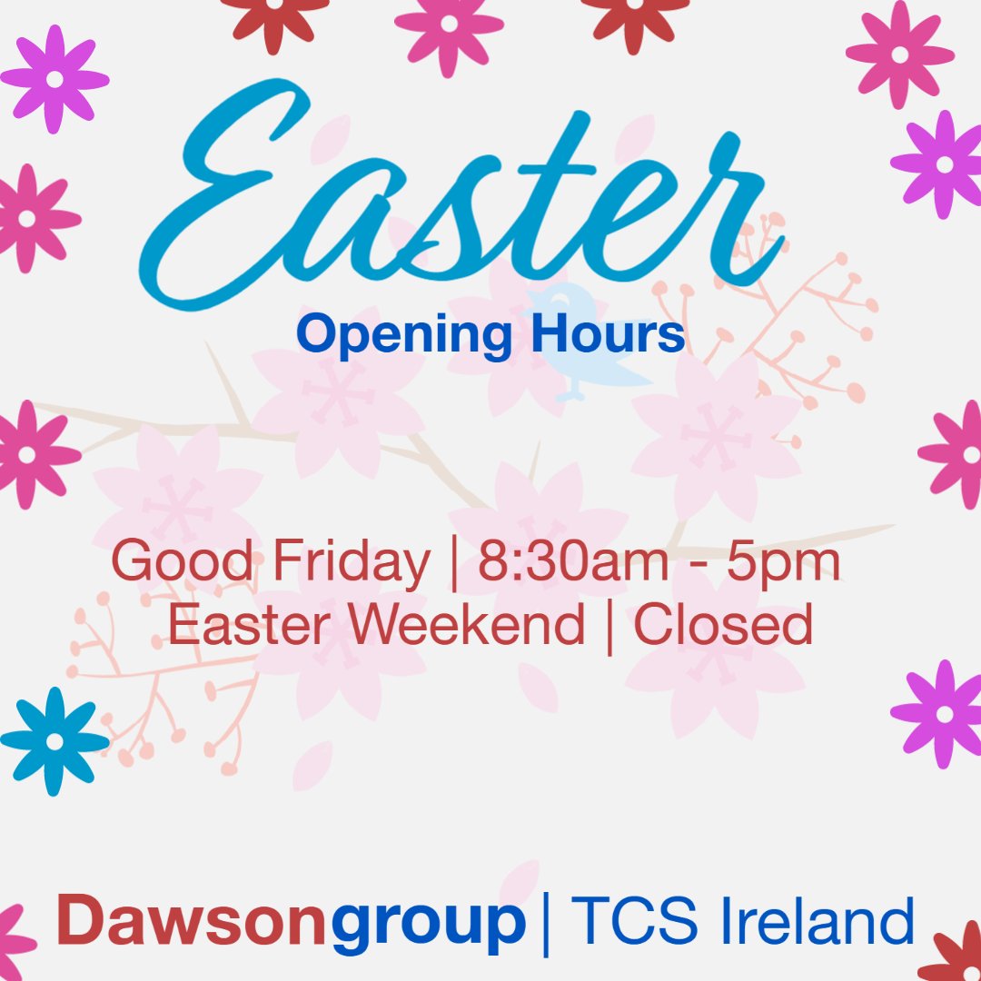 📢 Our office will be closed from 5pm tomorrow for the Easter weekend, and we hope all our staff, customers, suppliers, and partners enjoy the bank holiday weekend. 😊

🐰 Happy Easter to you all! 🍫

#closinghours #bankholiday #easterweekend #goodfriday #dawsongroup #ireland