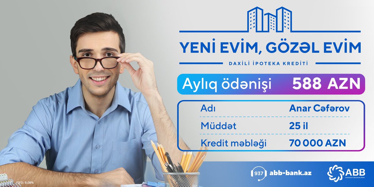abb_bank's tweet photo. ABB-nin ipoteka şərtləri indi daha da sərfəlidir.
🏠İllik faiz dərəcəsi - 6%-dən başlayaraq;
🏠İlkin ödəniş - minimum 15%;
🏠Müddət - 25 ilədək;
🏠Maksimal məbləğ - 500 000 AZN-dək.
Ətraflı: https://t.co/wmKfwFCUCj
#ABB #YeniEvim #GözəlEvim #ipoteka https://t.co/a76xZHNbBe