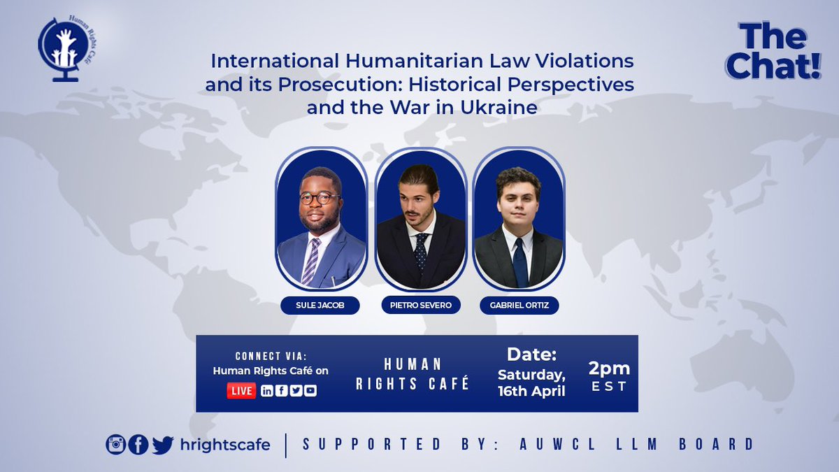 Please, join our conversation on International Humanitarian Law Violations and It's Prosecution: Historical Perspectives and the War in Ukraine on Saturday at 2pm EST , 7pm GMT. 

You can watch the chat on Facebook via Human Rights Café Page.

Thank you.
#law #humanrightslaw #ihl