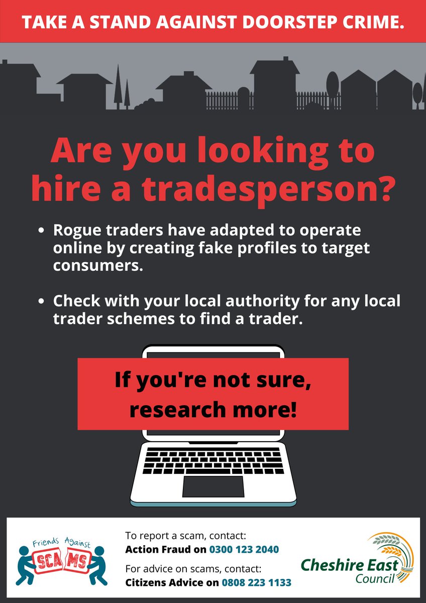 CE Trading Standards (@cec_ts) on Twitter photo Many rogue traders have adapted to operate online by creating fake profiles to target consumers with their fraudulent services. Always do your research. Have a look <a href="/BWCconnect/">Buy With Confidence</a> register for a local Trading Standards approved trader. Many rogue traders have adapted to operate online by creating fake profiles to target consumers with their fraudulent services. Always do your research. Have a look <a href="/BWCconnect/">Buy With Confidence</a> register for a local Trading Standards approved trader.