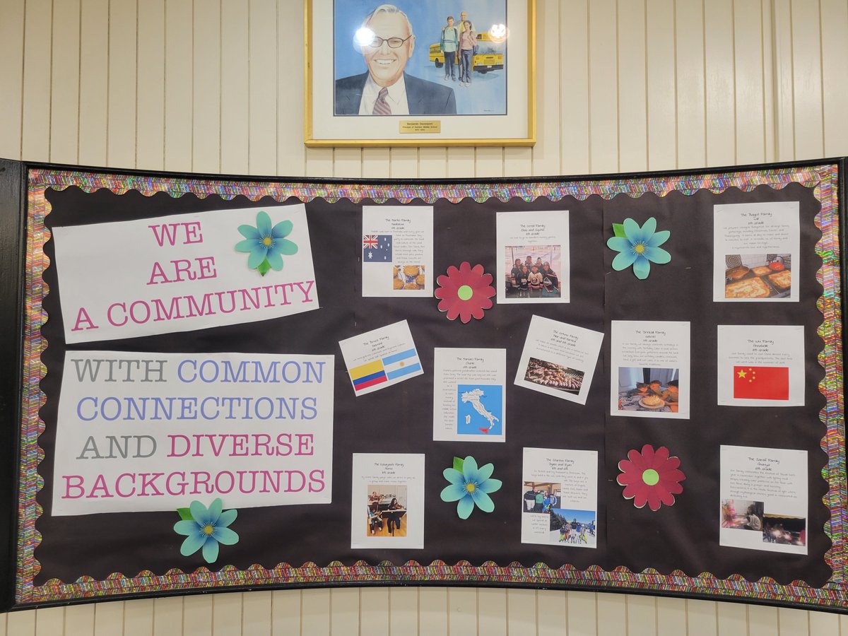 Putting up another board which features EMS families celebrating our April theme of "We are a COMMUNITY with common connections and diverse backgrounds." 
Love how Mr. Davenport is watching over our board! ❤️🐊