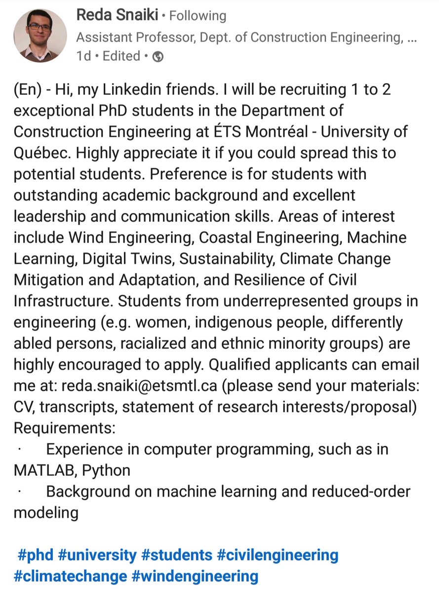 Md. Abdullah (@mda524360) on Twitter photo Several Fully-funded PhD opportunity available at the ETS Montreal, Canada π¨π¦
EMAIL: reda.snaiki@etsmtl.ca
#fullyfundedscholarships2022 #PhDposition #research #climatechange #windengineering
Apply π
etsmtl.ca/en/research/prβ¦
**redasnaiki.wixsite.com/mysite Several Fully-funded PhD opportunity available at the ETS Montreal, Canada π¨π¦
EMAIL: reda.snaiki@etsmtl.ca
#fullyfundedscholarships2022 #PhDposition #research #climatechange #windengineering
Apply π
etsmtl.ca/en/research/prβ¦
**redasnaiki.wixsite.com/mysite