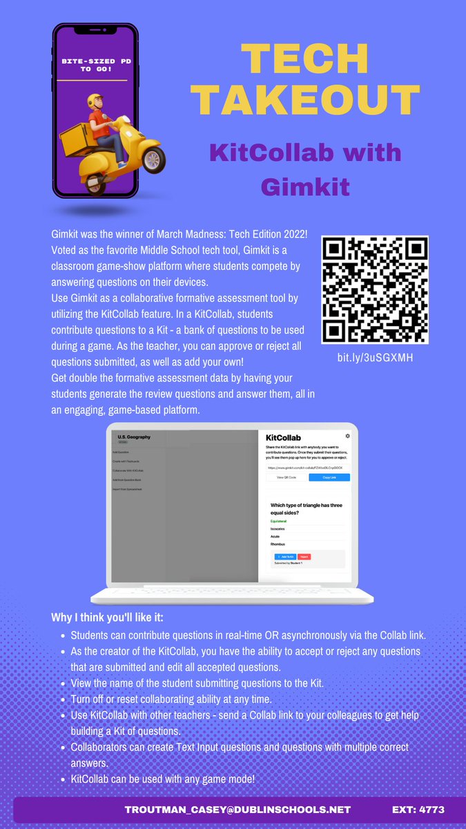 CTroutmanTech's tweet image. #TechTakeOut for April highlights the winner of our Middle School March Madness: Tech Edition - @gimkit! Teachers received information on how to use the KitCollab feature, allowing students to submit questions to kits. Their takeout treat? @LittleDebbie snacks 😊