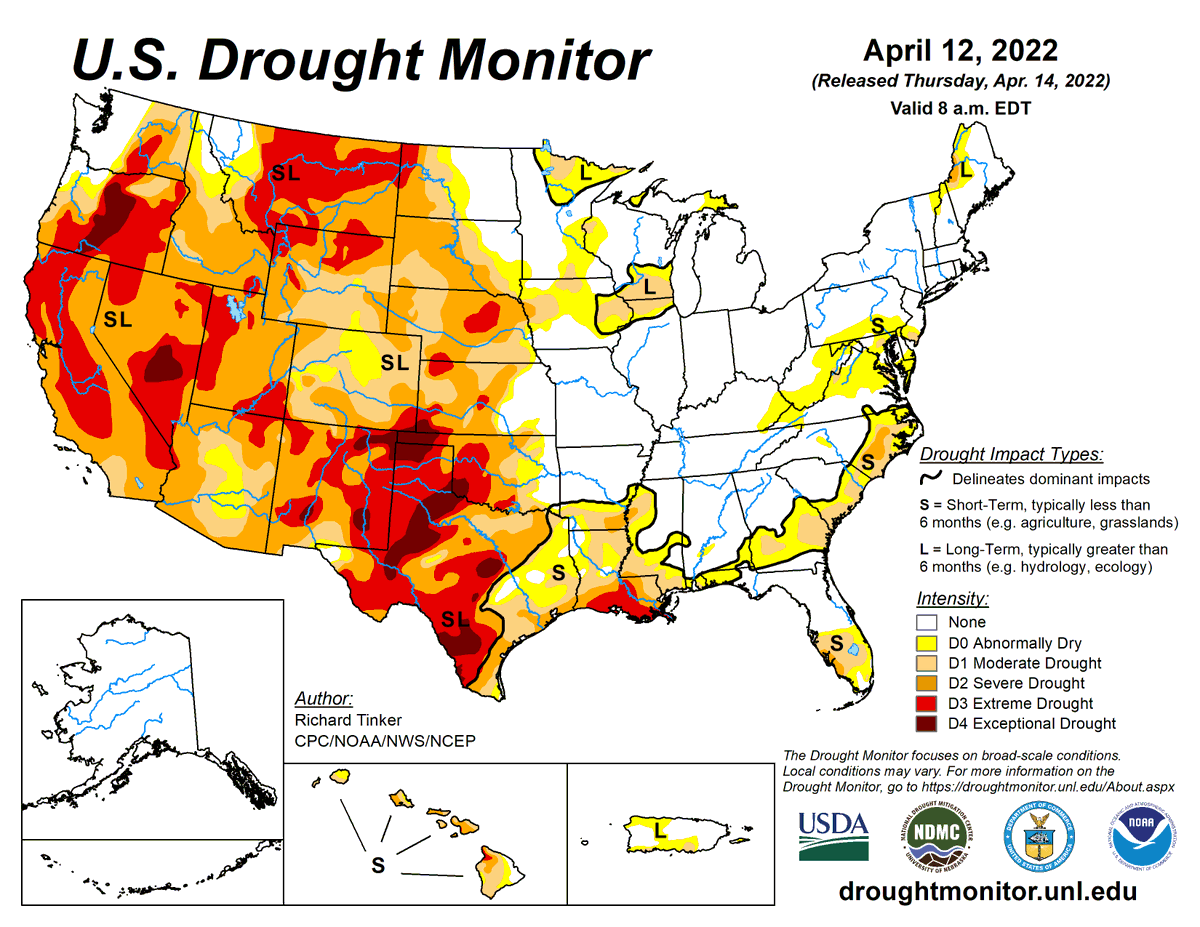 DroughtCenter's tweet photo. US Drought Monitor 4-14-22: 

The total proportion of the U.S. in drought declined slightly to 47.52% this week, but patches got worse, especially in Texas, California and Nevada. 

Population in drought is down to 100.4 million.

@droughtgov @noaancei @USDAclimatehubs @usdafsa https://t.co/HkvgRh8HVH