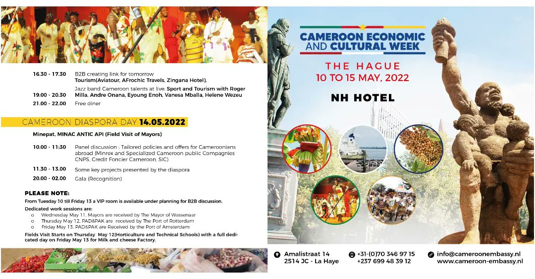 CECWHague's tweet photo. The Cameroon Economic & Cultural Week in The Hague program is now available. Don't miss out!
#CECWTheHague #CECW #TheHague #NL https://t.co/QbBcXXr6pa