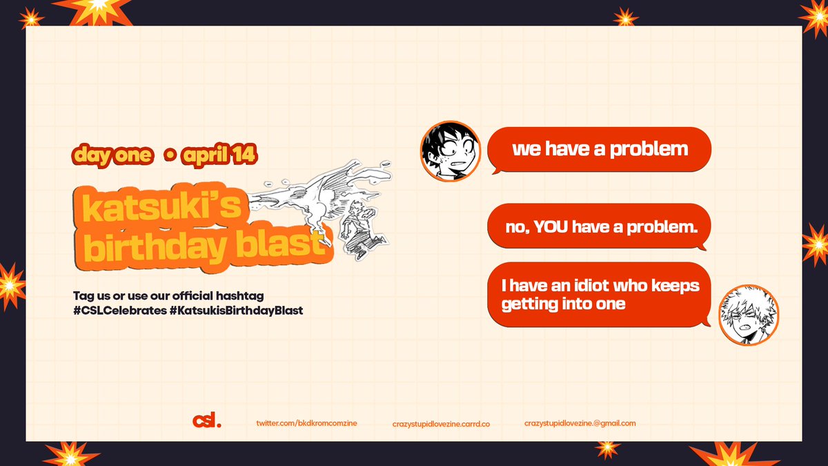 bkdkromcomzine's tweet photo. ๐ฅ๐งจ๐งก Day 1 is here!
Join us in celebrating Katsuki's Birthday Blast! Tag us your creation or use our official hashtag!
#CSLCelebrates #KatsukisBirthdayBlast https://t.co/AqHDSOxpSy