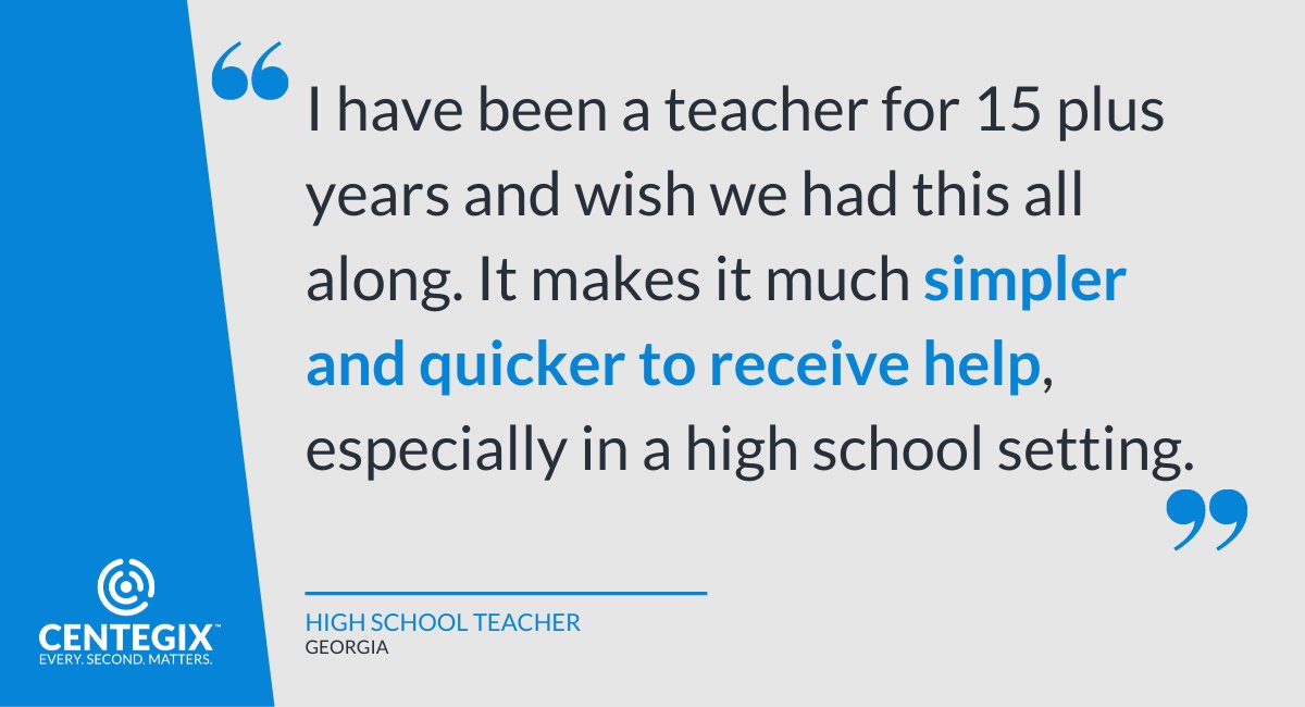 _CentegixOLD's tweet photo. Who better to share the benefits of CENTEGIX CrisisAlert than the teachers who have used it in real-life situations? See more stories of CrisisAlert in Action: https://t.co/LkQNsPwnj8
#schoolsafety #pushbuttonhelpcomes https://t.co/p0Vg4U4QOH