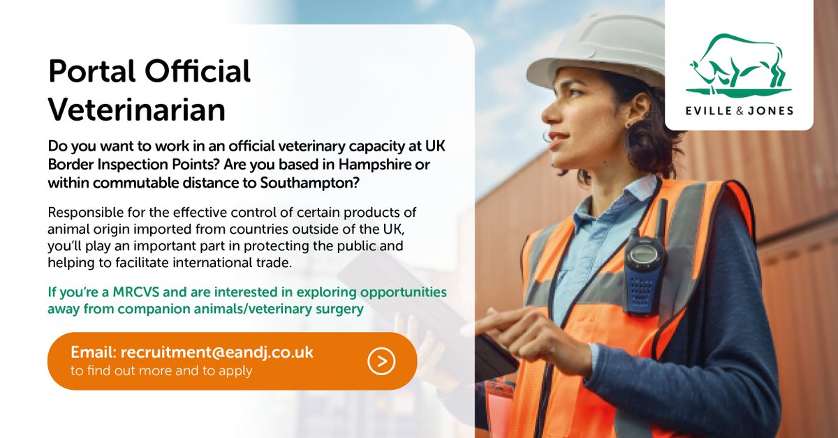 With New EU controls coming into force in July 2022 this is a fantastic time to steer your career into the exciting world of portal import inspection. Email recruitment@eandj.co.uk to find out more and to apply.
#portalOV #careerswithpurpose #veterinarycareers #southampton