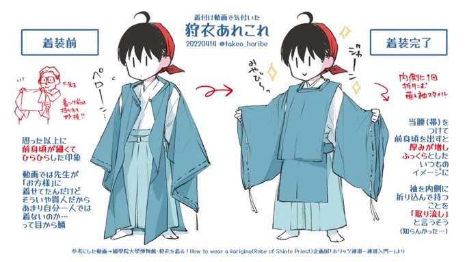 狩衣描く時、写真資料集見ても「袖で隠れて構造がよく分からん!!」とずっと悩んでたんだけど、YouTubeで「狩衣 」って検索したら着付けの動画がいっぱい出てきて一瞬で解決した。
動画の力ってすごい。

見て思ったのは想像以上に前身頃が細いこと。あと最初の狩衣の持ち方がもはや手品。 https://t.co/HkxNbkrxJF