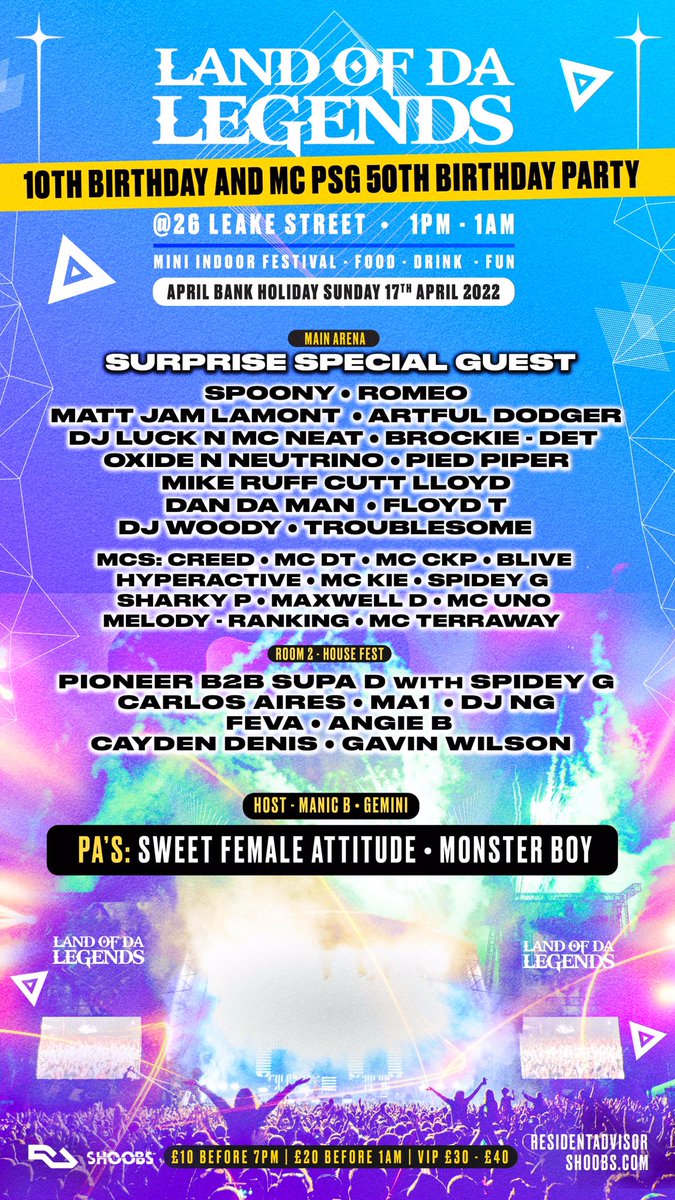 Easter!🐰 Birthday!🎂 Mini indoor festival!🎉 You don't want to miss Land Of Da Legends 10th &amp; PSG 50th Birthday!

This epic event brings you two full rooms of artists including <a href="/DJSpoony/">DJ SPOONY</a>, <a href="/OfficialDJNG/">DJ NG</a>, and <a href="/Oxide_Neutrino/">OxideNeutrinoUPDATES</a>🤩🔥

🎟️shoobs.com/events/66773/l…