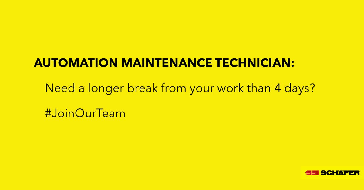 SSISchaeferAust's tweet photo. Automation maintenance technician:  
Need a longer break from your work than 4 days? 

#JoinOurTeam #thinktomorrow
https://t.co/deTB9u37uL https://t.co/WXi25I0ZXH