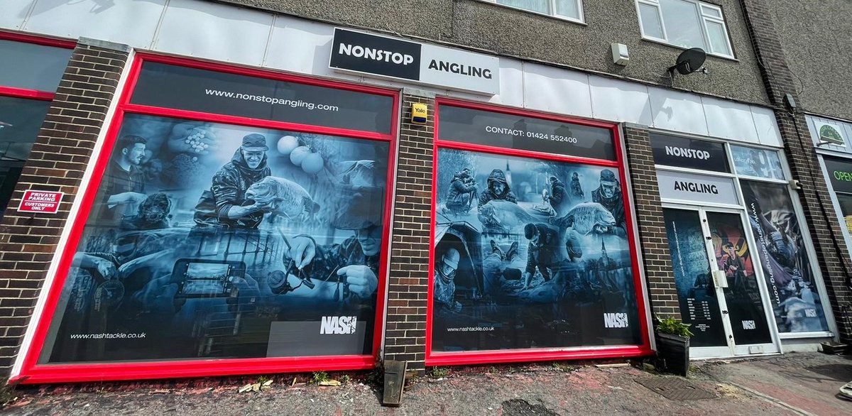 Charles_Rayner1's tweet photo. Beautiful shop front graphics produced by our print team and installed by our talented fitters Milo &amp; Eden - Well done team. @NashTackleUK @Contra_Vision #nonstopangling #GraphicDesign @Milo81663321 #installation https://t.co/vhobSU2MCD