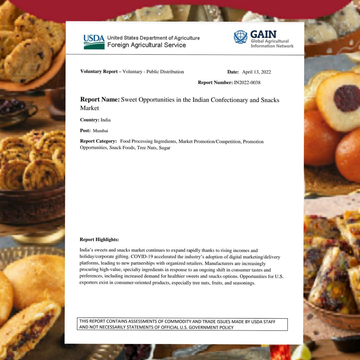 Interested in learning more about India’s Mithai &amp; Namkeen market? Check out our latest report on the “Sweet Opportunities” this sector has for processors &amp; exporters. Happy reading! #MithaiNamkeen #USDAGAIN #SweetsandSnacks #Confectionery

Report link: bit.ly/3uGwgxI!