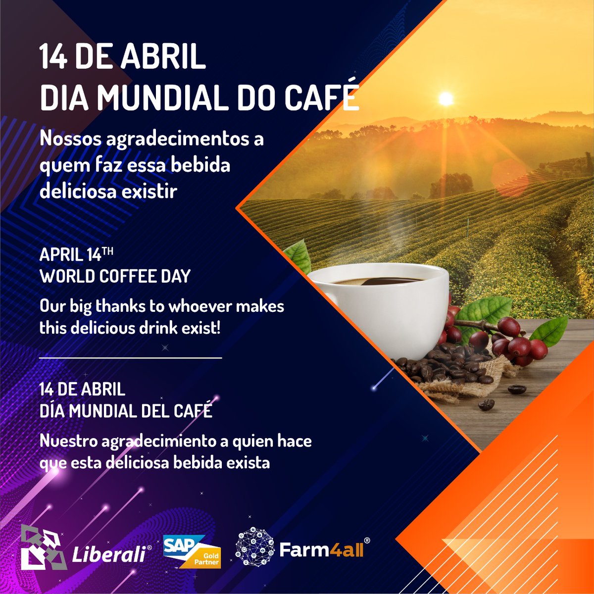 Hoje é o Dia do Café, mas as homenagens são para os cafeicultores.

Afinal, são eles os responsáveis por termos sempre essa bebida maravilhosa em nossas canecas.

Saibam que nós, da Liberali, continuaremos empenhados a produzir os melhores softwares para ajudar vocês.

Parabéns!