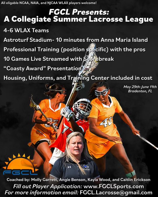 Register today for the inaugural FGCL WLAX summer collegiate season today!  Extended stay benefits, beaches, Florida sunshine, competitive LAX, awards, live stream &amp; much more! Be a part of LAX history. 

🔗fgclsports.com &amp; reserve your roster spot today!