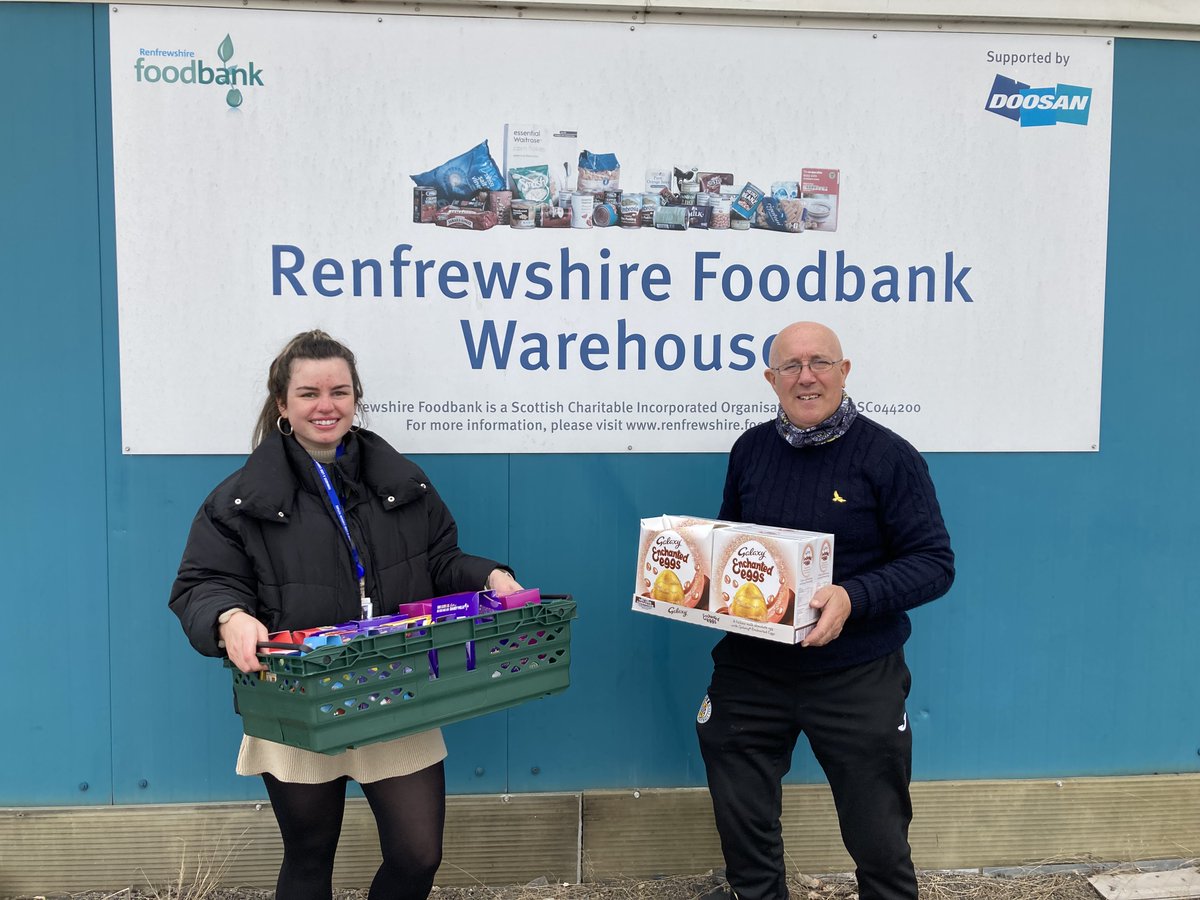 Here's our volunteer Jim accepting a wonderful donation from Rebecca at @doosan_babcock for this donation of Easter eggs for our families and young people. We've already distributed some at our #Renfrew distribution today that have been very well received. Happy Easter everyone!