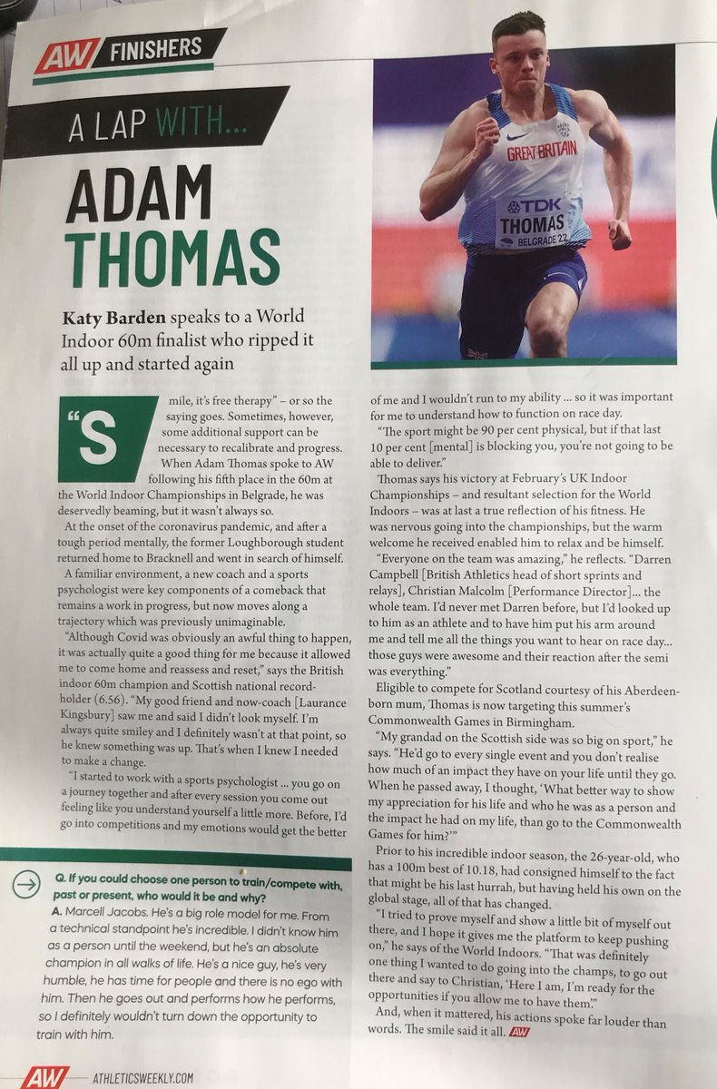 MEDIA COVERAGE
#SALachieve
Nice to see <a href="/AdamThomas100/">Adam Thomas</a> feature in <a href="/AthleticsWeekly/">AW</a> via interview with <a href="/katymaybarden/">Katy Barden</a> with <a href="/Team_Scotland/">Team Scotland</a> <a href="/birminghamcg22/">Birmingham 2022</a> very much big target for 2022 👍
<a href="/SALChiefExec/">SALChiefExec</a> <a href="/OvensDavid/">David Ovens</a> <a href="/leslie_roy1/">Leslie Roy</a> <a href="/ArnoldBlack1/">Arnold Black MBE</a> <a href="/bracknellnews/">Bracknell News</a> <a href="/BracknellAC/">Bracknell AC</a> <a href="/BritAthletics/">British Athletics</a>