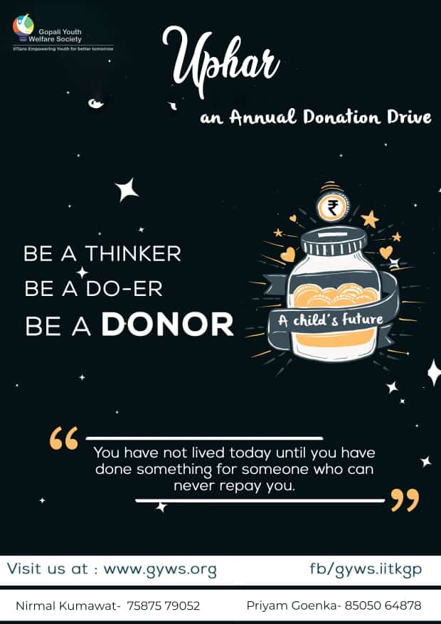 gopali_youth's tweet photo. Uphar, an Annual Donation in Kind Drive by GYWS has started and will be continued till 20th April, 2022. All kinds of donations- from books to clothes are accepted. Donation racks in 15 halls of residence have been arranged for the KGP student community to donate.
#iitkgp #gyws https://t.co/rC1qG9KbPx