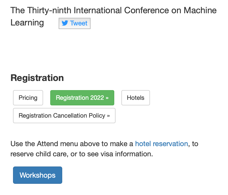 icmlconf's tweet photo. 📢Registration is now open! 
↪️39th Int'l Conference on Machine Learning
📅Jul 17 to 23, 2022
🌐Baltimore, MD, USA
🟩Look for the green Registration 2022 button on the https://t.co/bW6EoeCqot website. https://t.co/ahGvnMZxls