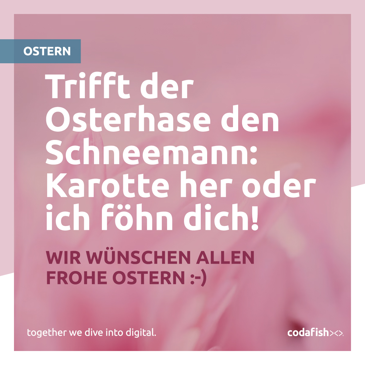 codafishagency's tweet photo. ¡Feliz Pascua! Frohes Osterwochenende! Happy Easter!   Erholt euch gut und esst was Leckeres 🙃

#codafish #drupal #wordpress #pimcore #zoho #hamburg #berlin #madrid #ohnecodenixlos #><> https://t.co/lir49zBfVw
