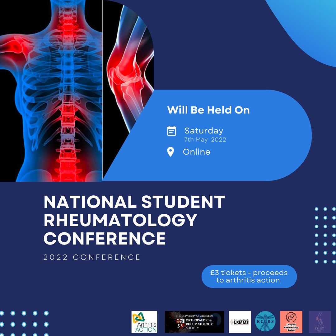 LeedsRMMS's tweet photo. NATIONAL STUDENT RHEUMATOLOGY CONFERENCE 2022

Our first annual conference, in collaboration with KCL, Aberdeen, Exeter and Liverpool University Student Rheumatology Societies.

📍Online
📅7th May 2022

Certificates of attendance provided✅

Register here: https://t.co/BmQNlYD3KX https://t.co/k2Ot7DvPTc