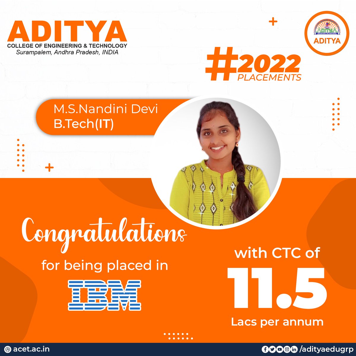 ACETaditya's tweet photo. We are proud to announce that our fellow #Adityan Nandini (IT) got placed in IBM with a CTC of 11.5 Lakhs per Annum.
#Aditya'sAjivika #IBM #11.5LPA #ACETaditya #2022Placements #RisingToNewHorizon https://t.co/7KGFOrFcRp