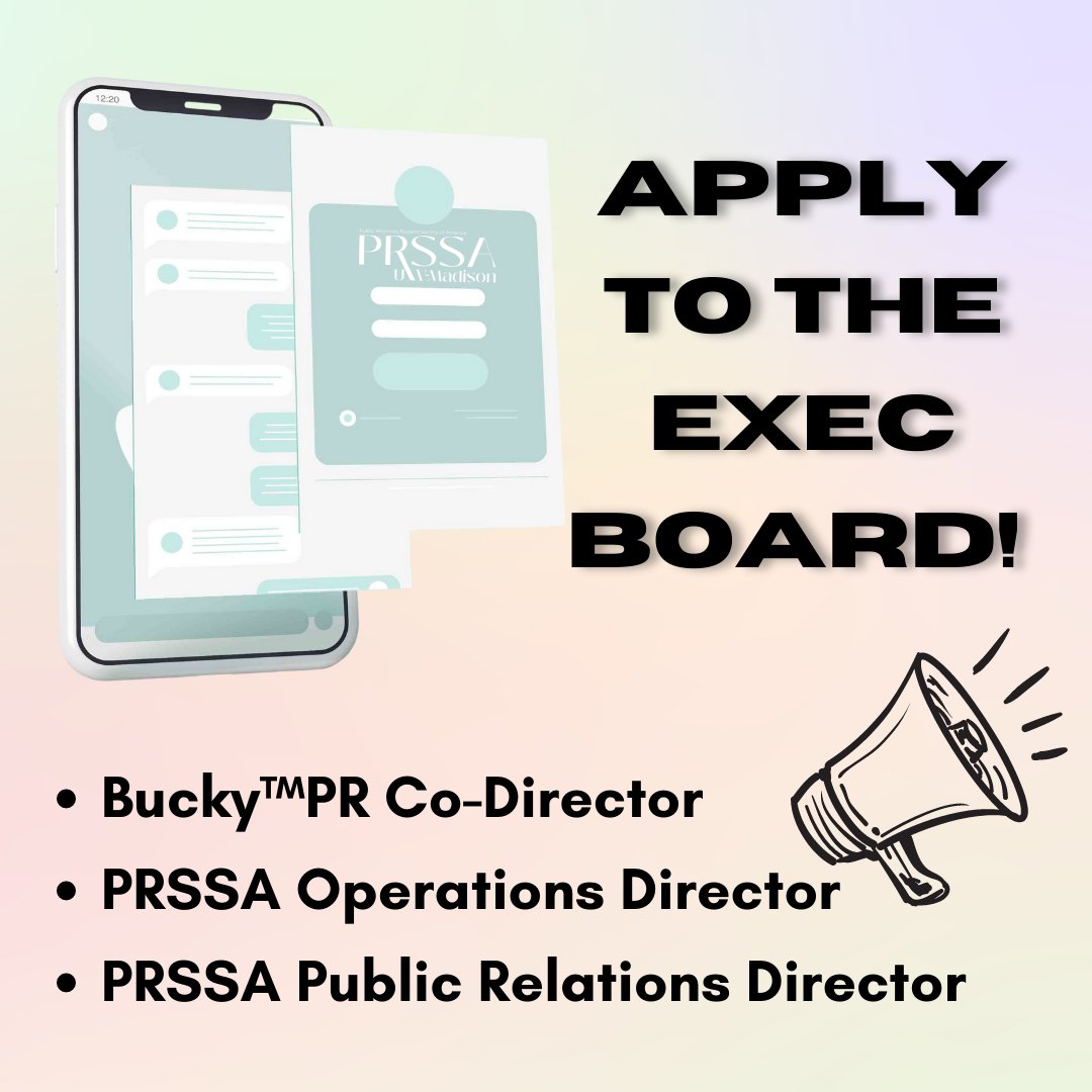 Hey PRSSA!! The Exec Board Application is still open—if you're interested in a leadership role, we can't encourage you enough to put yourself out there and join the team! We are looking for a Public Relations Director, Operations Director, and Bucky™PR Co-Director. Link in bio!