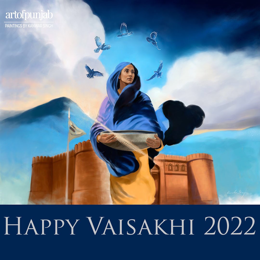 Happy Vaisakhi. Today we celebrate  the creation of the Khalsa Panth through the transformative power of Amrit, the gift of Guru Gobind Singh ji, with the power to shape nations and hearts alike. Painting of Mata Sahib Kaur in 1699 presenting the bata with amrit at Anandpur Sahib
