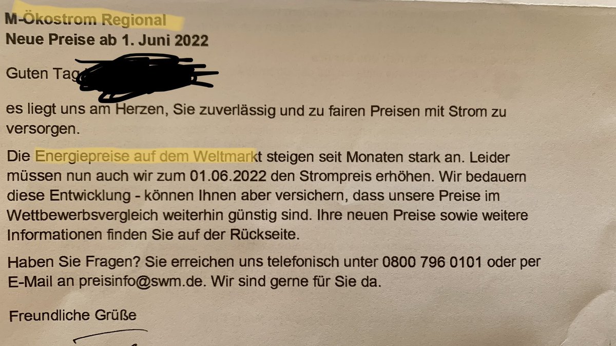 chuckomo44's tweet photo. Hi @SWM_Muenchen ,
wie kommt es denn, dass eure Ökostrom Regional Kunden, mit Strom aus regionalen Anlagen, eine 7% Preiserhöhung auf Grund der Energiepreise am Weltmarkt erhalten. Zahlen hier die richtigen Kunden für die richtigen Effekte? https://t.co/TSTqlu6kLi
