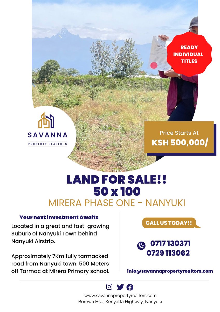 Find out where people are going and buy the land before they get there. Invest in yourself. Call 0717130371 or 0729113062.

#ReliablePartners #SavannaPropertyRealtors #LandInvestment