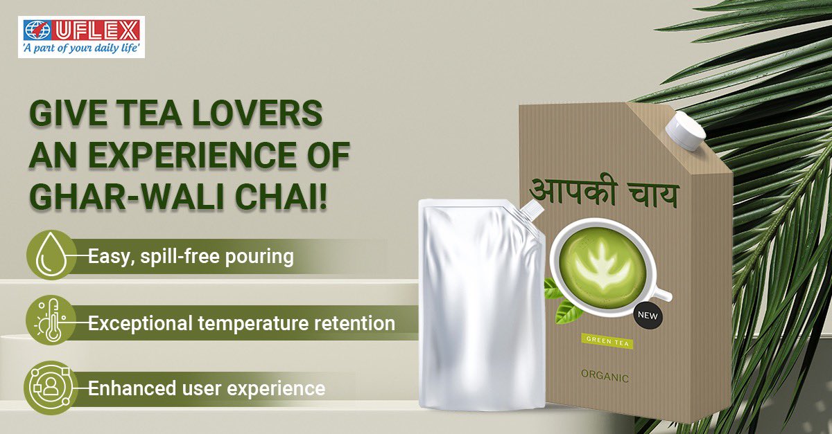uflexltd's tweet photo. Be it that kadak adrak wali chai or kam doodh wali chai, now you can deliver hygienic and customised cup of tea straight from your cafe to customer’s home in UFlex spout pouches. डिलीवर करो ऐसी चाय की दिल खुश हो जाए!
#UFlexforU #safepackaging #packagingindustry #teapacks https://t.co/fDnJg45Bsq