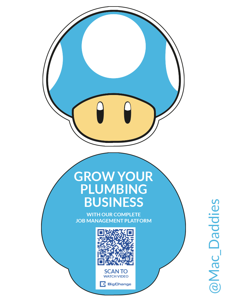 It's a' me… Mario! Diecut mushroom DM Idea for <a href="/BigChangeApps/">BigChange</a> platform to plumbing &amp; heating business <a href="/OneMinuteBriefs/">One Minute Briefs ⏱️</a> QR code links to their 60"promo vid x