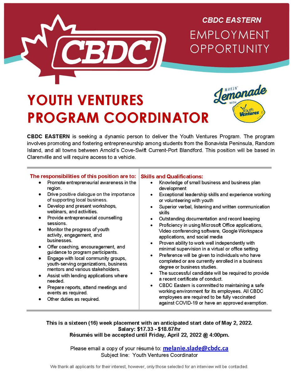 CBDC is looking for someone for the Youth Ventures Program Coordinator. See the attachment below for details and please share. Thank you.