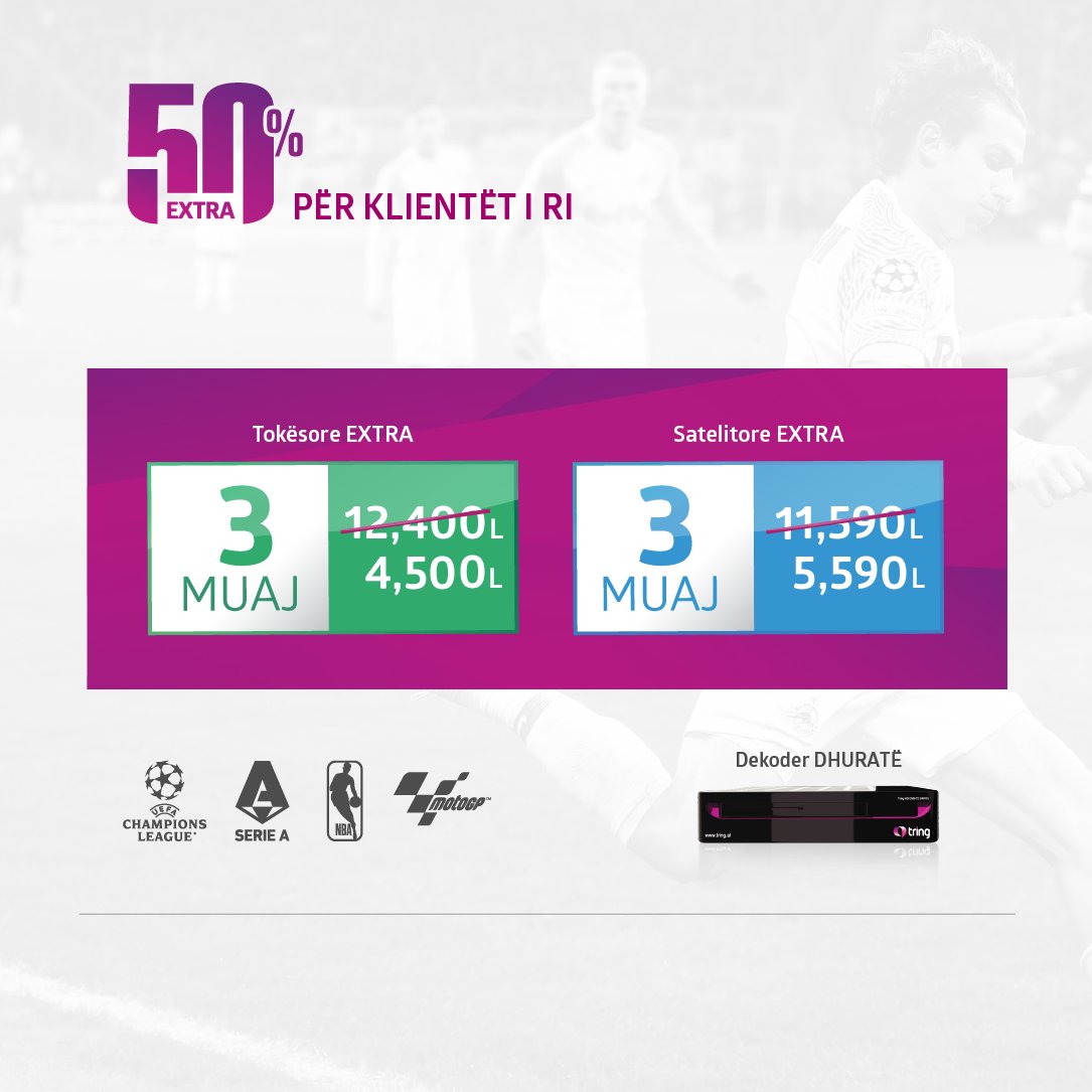 TringOnline's tweet photo. Merr argëtim me SUPER ÇMIM! 50% EXTRA💥
3 muaj Abonim Tokësor EXTRA 4,500L / Satelitor 5,590 Lekë
🎁Dekoderi është dhuratë!
⚽Shijo sport elitar, filma premierë dhe programe për të gjithë familjen!
📍Nxito të përfitosh në dyqanet Tring!
ℹ️ https://t.co/vWWYIyLyv9 , 044 800 008 https://t.co/3oFf2c9SQH