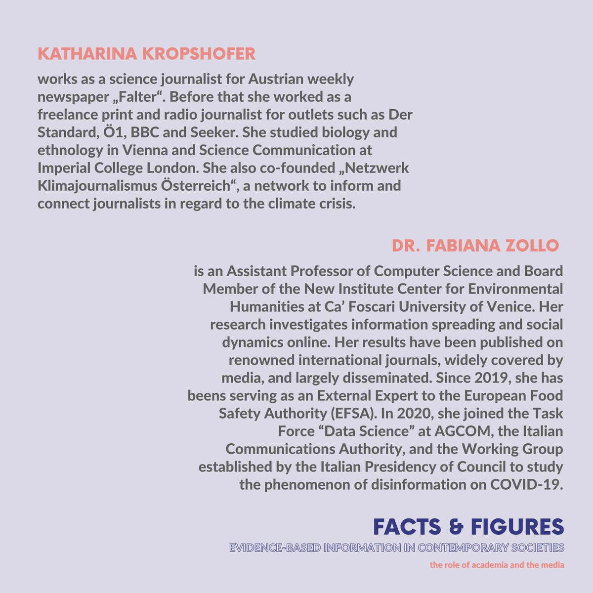 TWO MORE WEEKS UNTIL OUR FINAL CONFERENCE
full program and registration: factsandfigures.univie.ac.at 
sneak peek of what to expect ⬇️
@KKropshofer <a href="/zollofab/">Fabiana Zollo</a> #scicomm #disinformation #journalism #COVID19 #lessonslearnt