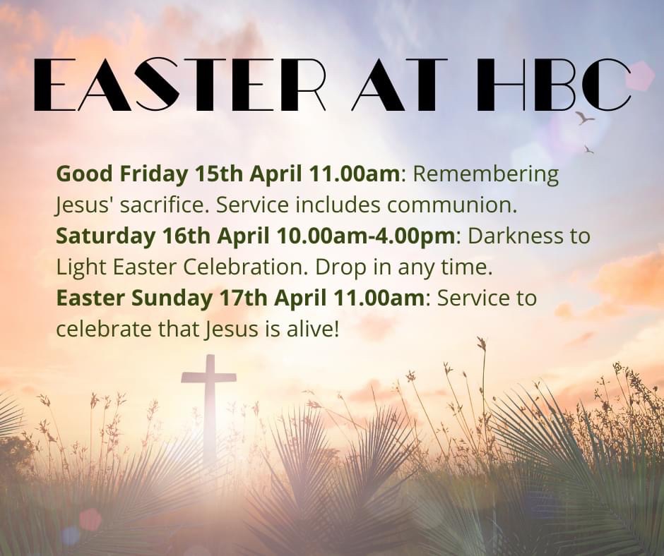 Easter events at Hendon Baptist Church

Good Friday service 11.00am
Saturday 16th April 10.00-4.00pm drop in for crafts and activities 
Easter Sunday service 11.00am

See hendonbaptistchurch.org.uk for more info. All welcome! #Easter #goodfriday2022 #Easter2022