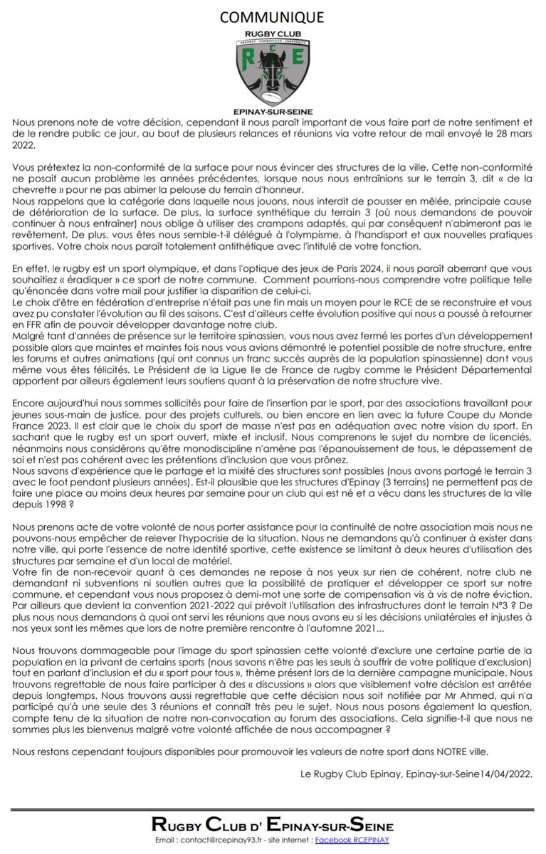 DieyeMael's tweet photo. Juste #méprisant, #anachronique, #antitéthique & dans le #déni #climatique puisqu'on vient #artificialiser les sols. Ci-dessous le communiqué du @RugbyClubEpinay suite à son evincement de la mairie d'@epinaysurseine, d'un club de passionné avec de la demande et projet! #FaireFace https://t.co/oU9ROs5Dxm