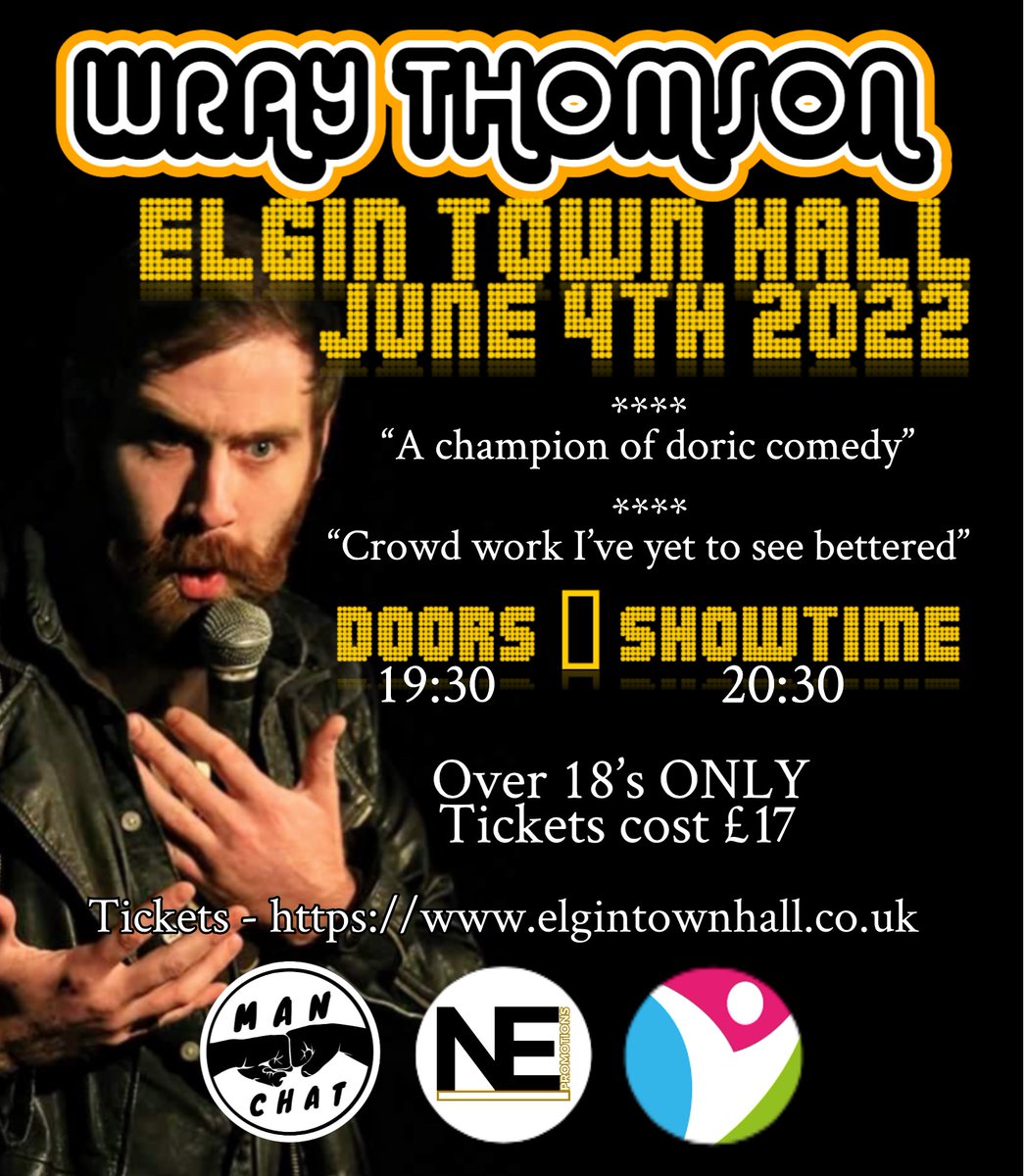 Comedy coming to <a href="/elgintownhall/">Elgin Town Hall for the Community</a>  in 2022.
Wray Thomson : Champion of Doric Comedy
Sat 4th Jun : ethtkts.uk/3JIszfV
Jim Smith : The Hills Have Ayes
Fri 23rd Sept : Sold Out
Sat 24th Sept : Sold Out
Fri 2nd Dec : ethtkts.uk/3p2YZK7
Sat 3rd Dec : ethtkts.uk/3BdiHYn