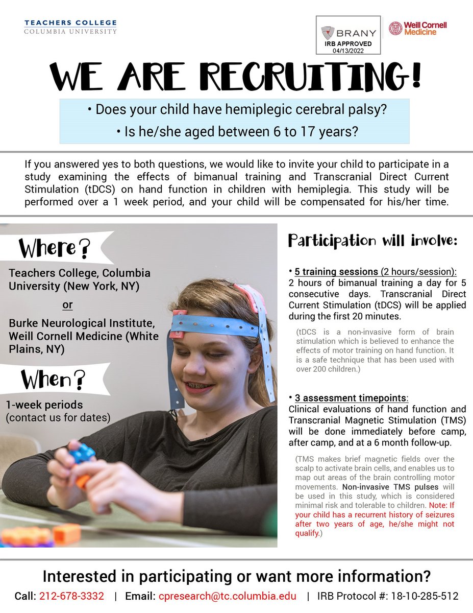 We are #recruiting children with #hemiplegia for a #researchstudy involving bimanual therapy and non-invasive brain stimulation. Please reach out to us at cpresearch@tc.columbia.edu if you are interested! #cerebralpalsy #rct