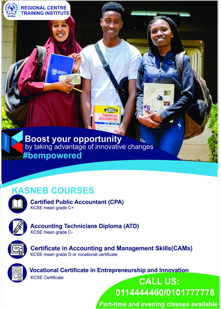 TheRCTI_RCMRD's tweet photo. ๐ขMAY INTAKE IS HERE!
Boost your opportunity by taking advantage of innovative changes #bempowered๐
Part-time and evening classes are available. Visit us Opp. Kasarani Police Station or call us on 0101777778 https://t.co/PP57zSfQAl