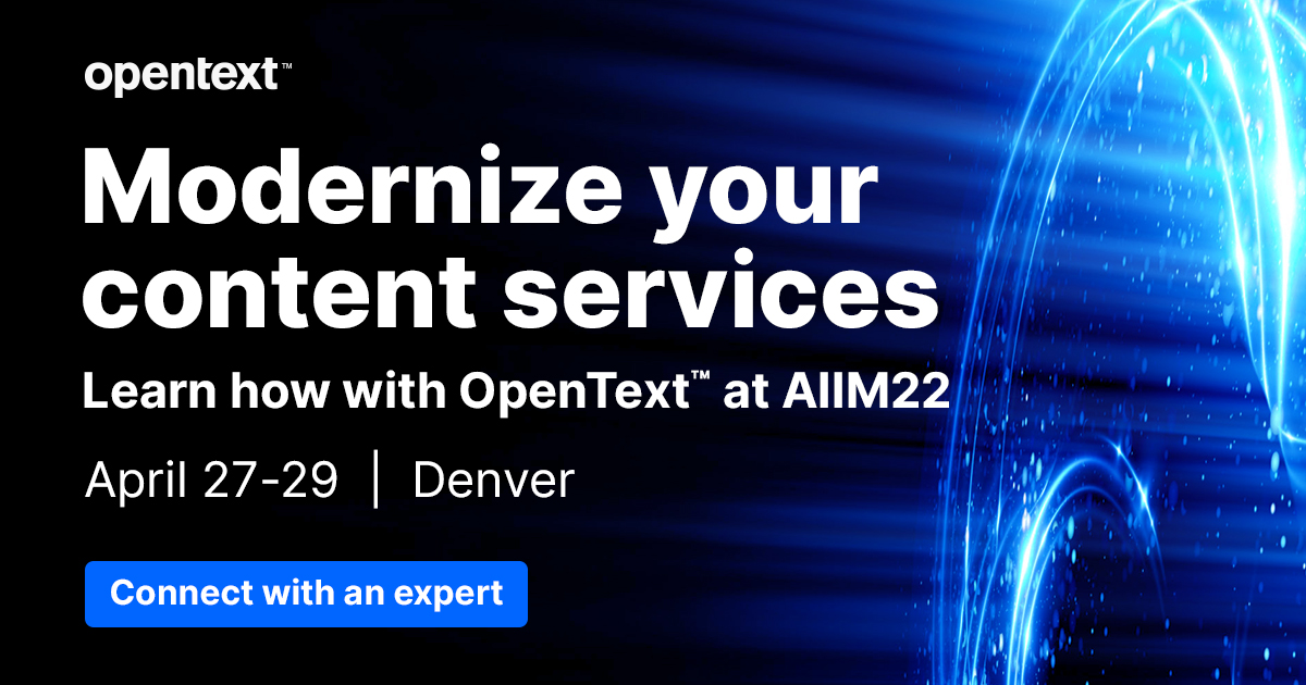 OTJenks's tweet photo. Trying to keep your workforce efficient with information that's secure and easily accessible? Chat with an @OpenText expert at #AIIM22 to find your solution.
https://t.co/4vq3ASbaZR https://t.co/XZ5fztVoA1