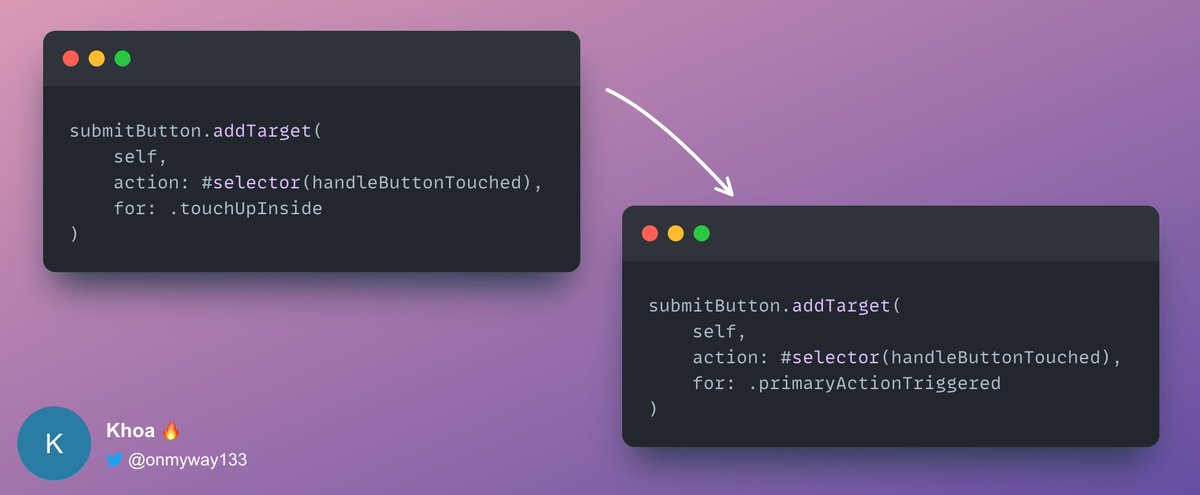 onmyway133's tweet photo. Do you still use .touchUpInside #iosdev? 

Then you should check out primaryActionTriggered, available since iOS 9 🤯 

It is for semantic event on UIControl, resulting in .touchUpInside for UIButton, .didEndOnExit on UITextField and .valueChanged on other UIControl https://t.co/R9gU52W8q6
